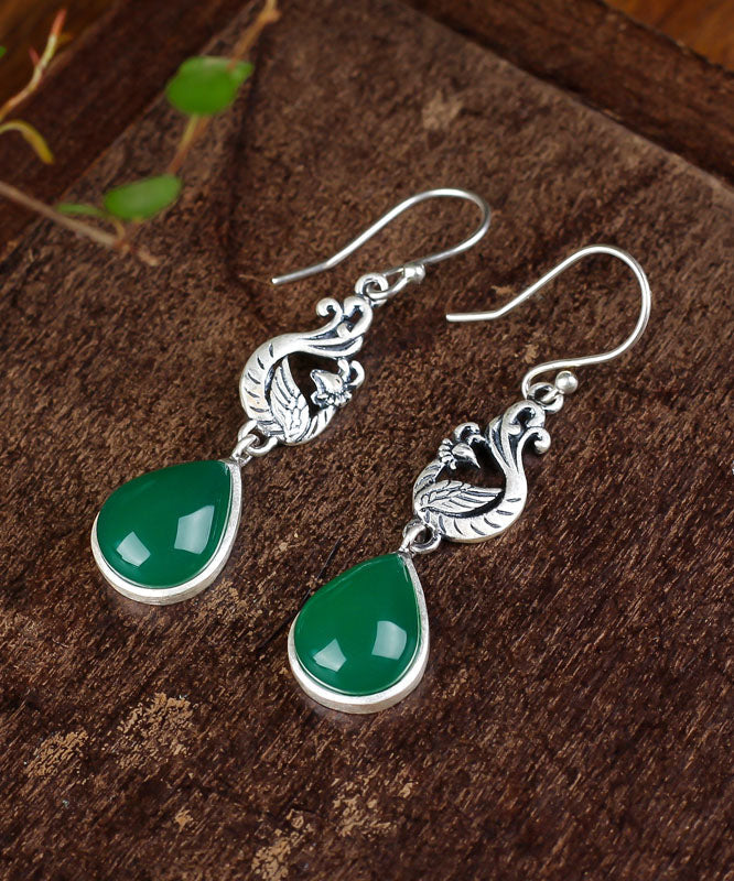 Stylish Green Sterling Silver Inlaid Water Drop Chalcedony Drop Earrings