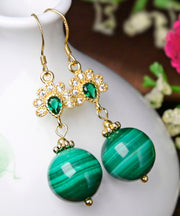 Stylish Green Sterling Silver Overgild Zircon Malachite Drop Earrings