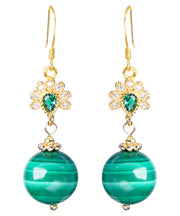 Stylish Green Sterling Silver Overgild Zircon Malachite Drop Earrings