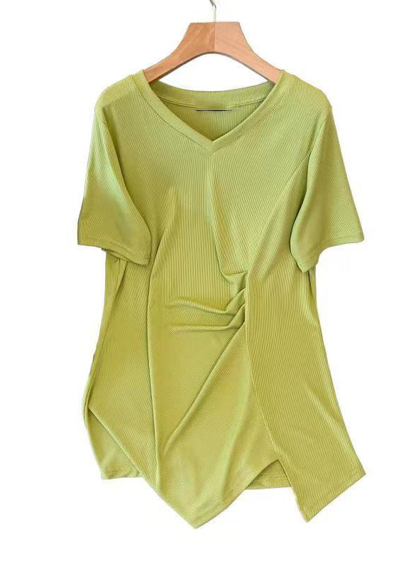 Stylish Green V Neck Asymmetrical Wrinkled Cotton T Shirt Top Summer