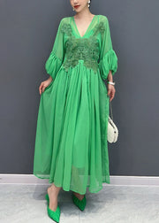 Stylish Green V Neck Embroidered Floral Chiffon Long Dress Fall