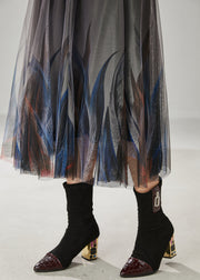 Stylish Grey Feather Print Tulle Skirts Summer