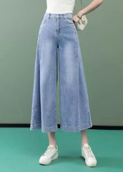 Stylish Light Blue Pockets High Waist Denim Wide Leg Pants Spring