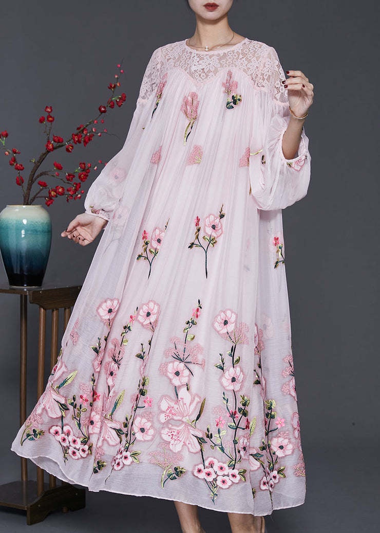 Stylish Pink Embroidered Hollow Out Silk Velvet Maxi Dresses Spring