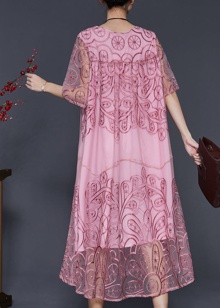 Stylish Pink Embroidered Tulle Vacation Dresses Summer