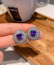 Stylish Purple Sterling Silver Inlaid Gem Stone Zircon Stud Earrings