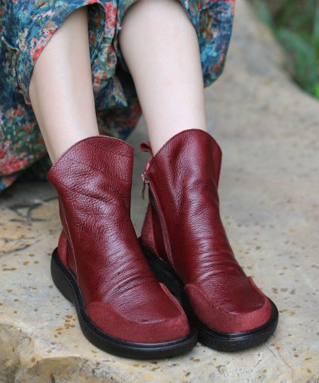 Stylish Purplish Red Wrinkled Platform Ankle Boots