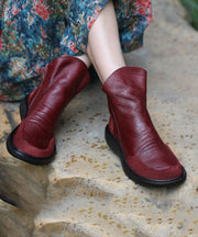 Stylish Purplish Red Wrinkled Platform Ankle Boots