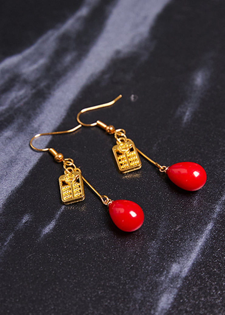 Stylish Red Coral 14K Gold Abacus Drop Earrings