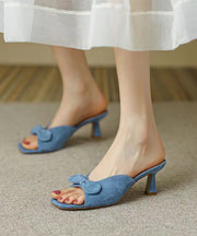 Stylish Splicing High Heel Blue Suede Slide Sandals Bow Peep Toe