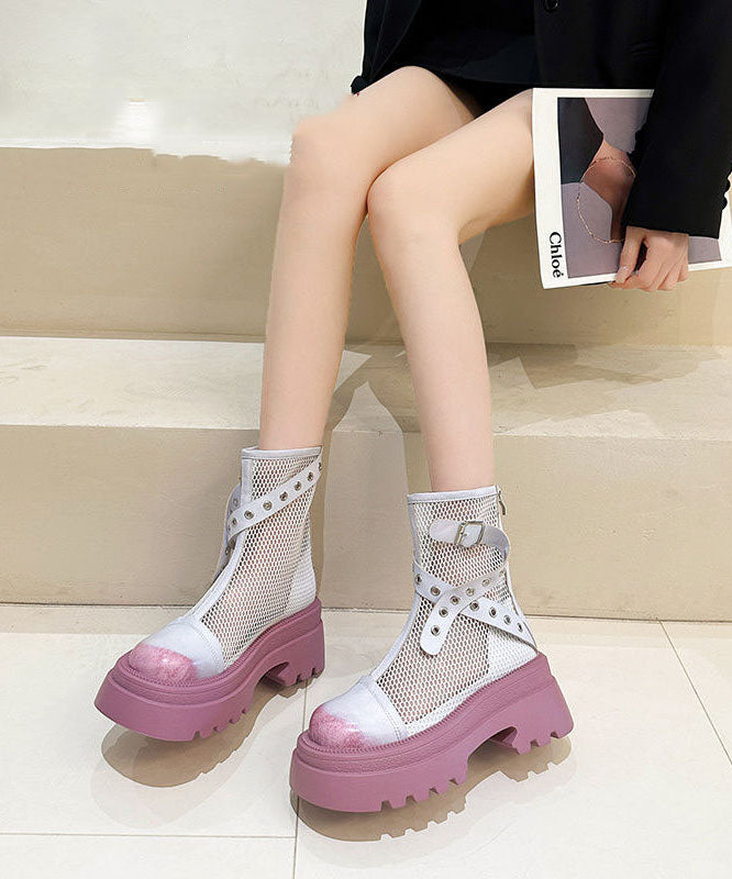 Stylish Splicing Platform Boots Pink Breathable Mesh