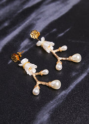 Stylish White Pearl 14K Gold Branch Drop Earrings