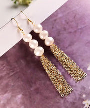 Stylish White Sterling Silver Overgild Pearl Tassel Drop Earrings