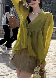 Stylish Yellow V Neck Patchwork Silk Cotton Shirt Lantern Sleeve