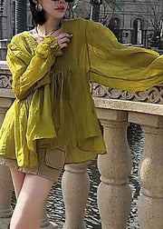 Stylish Yellow V Neck Patchwork Silk Cotton Shirt Lantern Sleeve