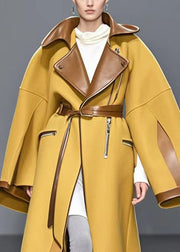 Stylish Yellow Zip Up Patchwork Woolen Trench Fall