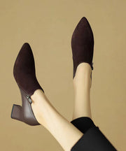 Suede Zippered Splicing Boutique Brown Chunky Heels Pointed Toe