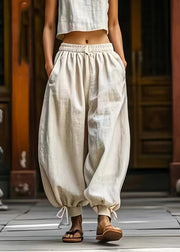 Unique Beige Drawstring Elastic Waist Beam Pants