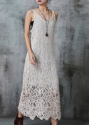 Unique Beige Silm Fit Lace Spaghetti Strap Dress Summer