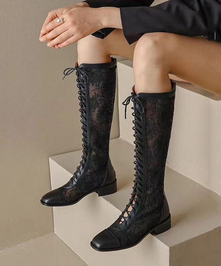 Unique Black Embroidery Floral Tulle Splicing Chunky Boots