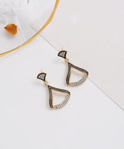 Unique Black Sterling Silver Alloy Zircon Oil Drip Fan Shaped Drop Earrings