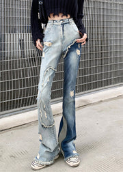 Unique Blue Hole Pockets High Waist Denim Pants Spring