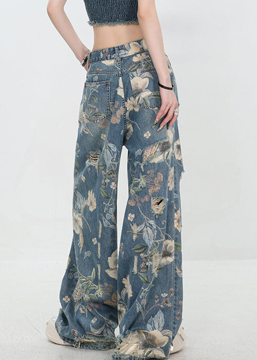 Unique Blue Print Hole High Waist Denim Pants Summer