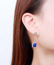 Unique Blue Sterling Silver Gem Stone Drop Earrings