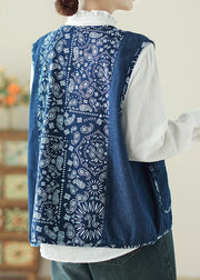 Unique Denim Blue O-Neck Print Pockets Waistcoat Spring