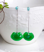 Unique Green Sterling Silver Dry Green Jade Ruyi Drop Earrings