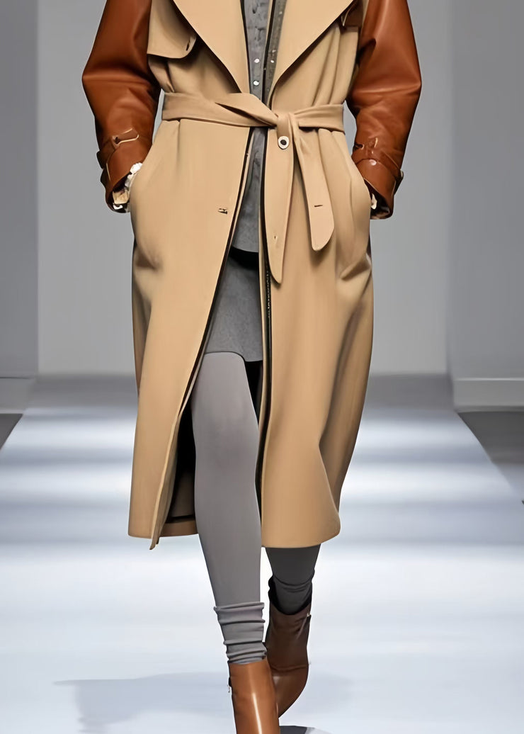 Unique Khaki Oversized Patchwork Woolen Trench Fall