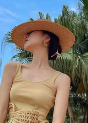 Unique Khaki Patchwork Straw Woven Floppy Sun Hat