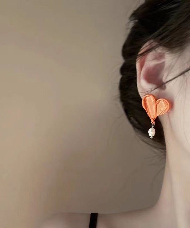 Unique Orange Paint Asymmetric Pearl Stud Earrings