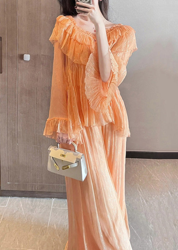 Unique Orange Ruffled Patchwork Chiffon Two Pieces Set Summer