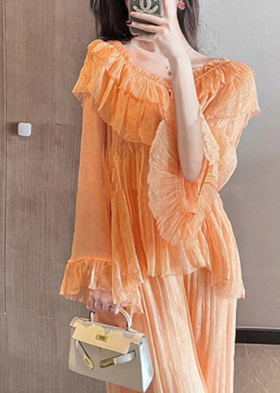 Unique Orange Ruffled Patchwork Chiffon Two Pieces Set Summer