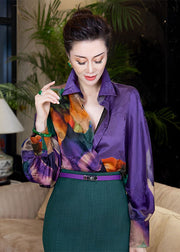 Unique Purple Peter Pan Collar Tie Dye Button Silk Shirts Fall