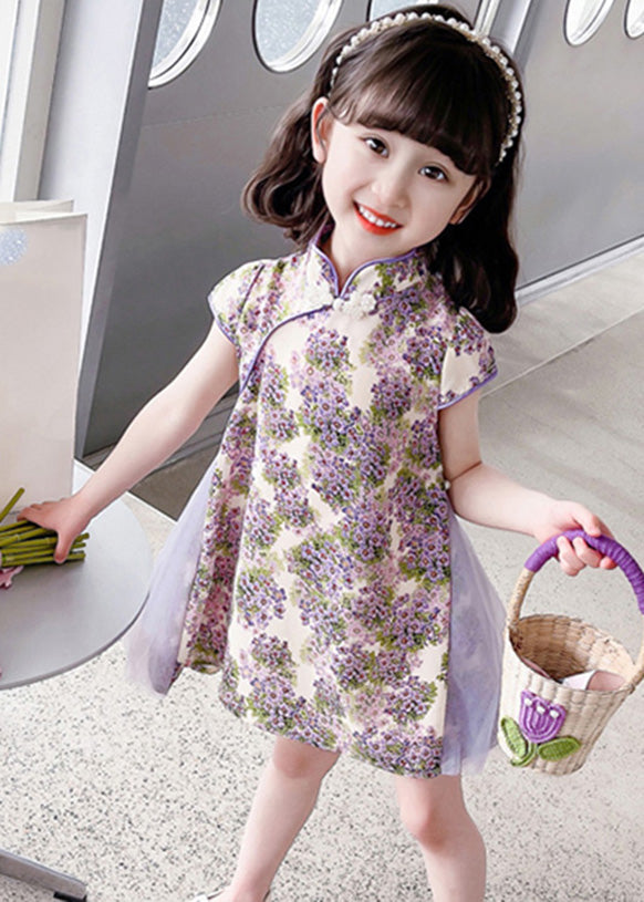 Unique Purple Stand Collar Print Girls Mid Dress Summer