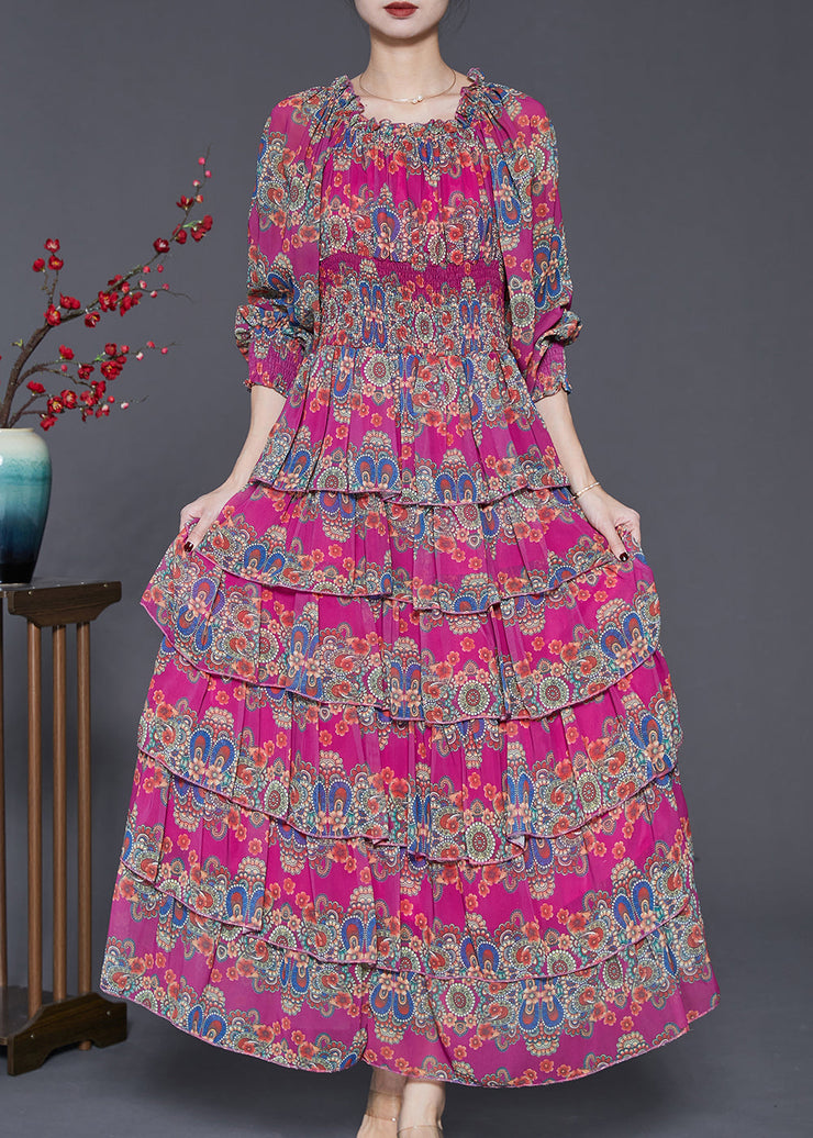 Unique Rose Elastic Waist Print Cotton Maxi Dresses Spring