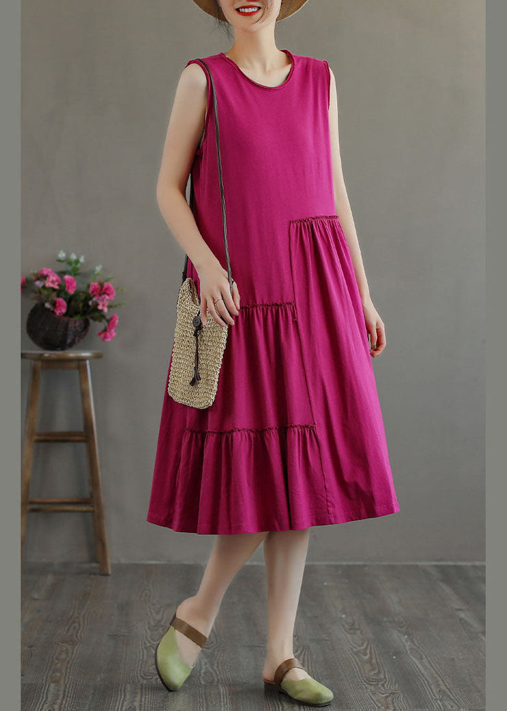 Unique Rose O-Neck Wrinkled Cotton Maxi Dresses Sleeveless