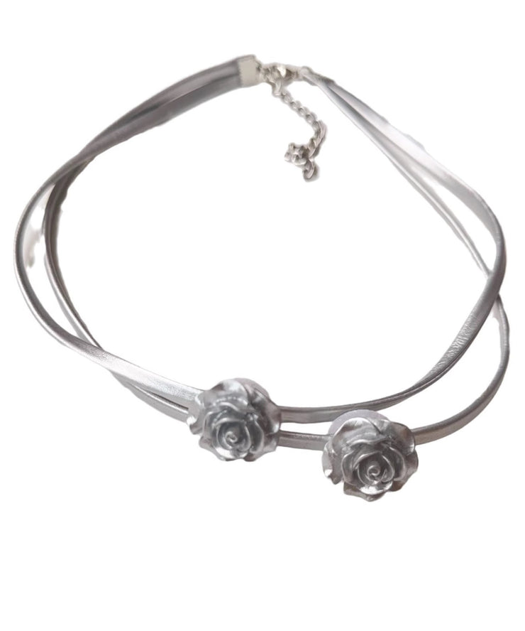 Unique Silk Sterling Silver Rose Bilayer Choker