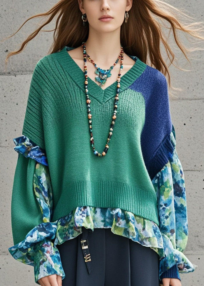 Unique Tea Green Asymmetrical Patchwork Knit Pullover Fall