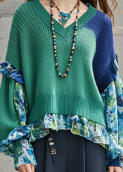 Unique Tea Green Asymmetrical Patchwork Knit Pullover Fall