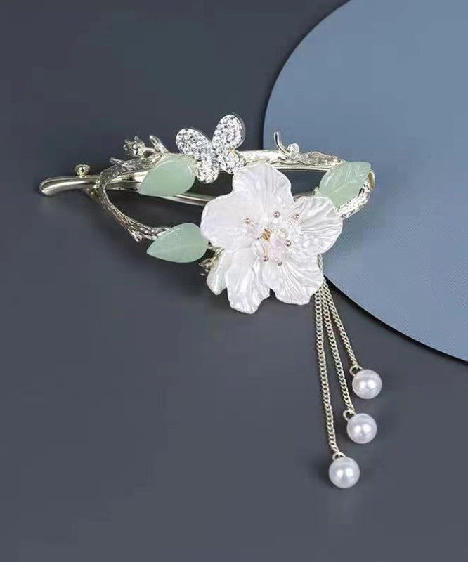 Unique White Alloy Zircon Pearl Jade Floral Tassel Hairpin