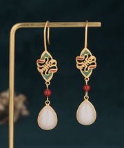 Unique White Ancient Gold Inlaid Jade Enamel Dropwise Glaze Drop Earrings