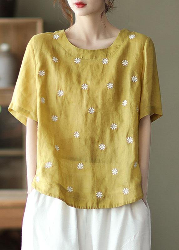 Unique Green cashew nuts O-Neck Embroidered Summer Ramie Shirt Half Sleeve