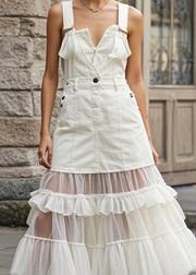 Unique White Ruffled Patchwork Tulle Denim Dress Summer