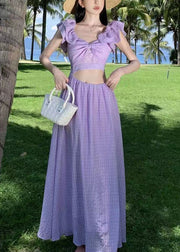 Vacation Style Purple Slash Neck Hollow Out Dress Butterfly Sleeve