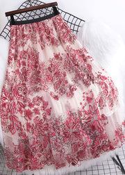 Vogue Red Sequins Embroideried Floral High Waist Tulle Skirt Summer