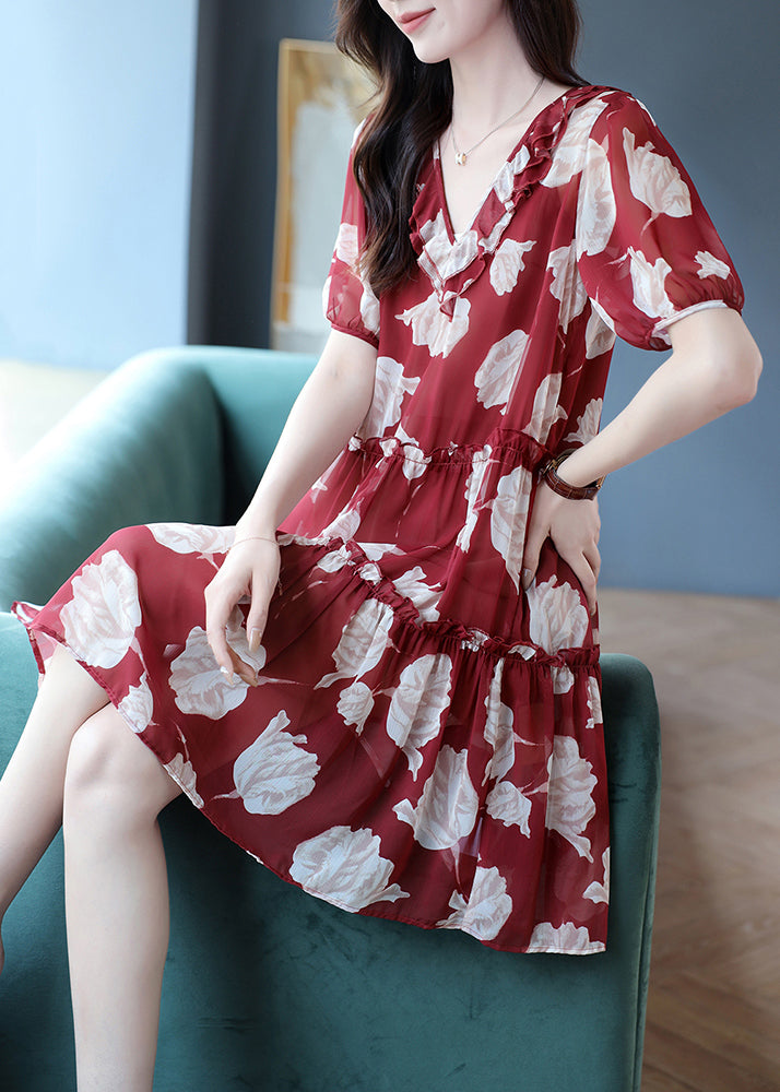 Vogue Red V Neck Print Ruffled Wrinkled Chiffon Mid Dresses Short Sleeve