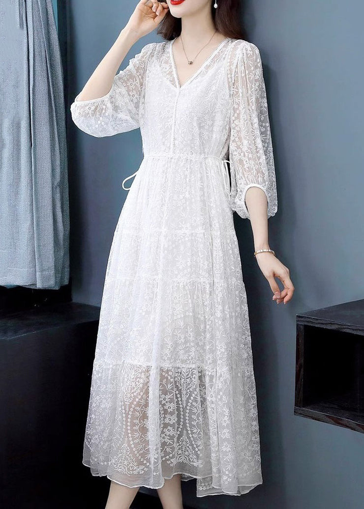 White Lace Up Nail Bead Long Dresses V Neck Summer